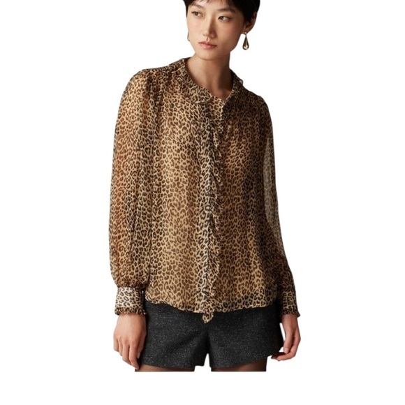 J. Crew Ruffle button-up shirt in leopard-print crinkle chiffon - Picture 2 of 8